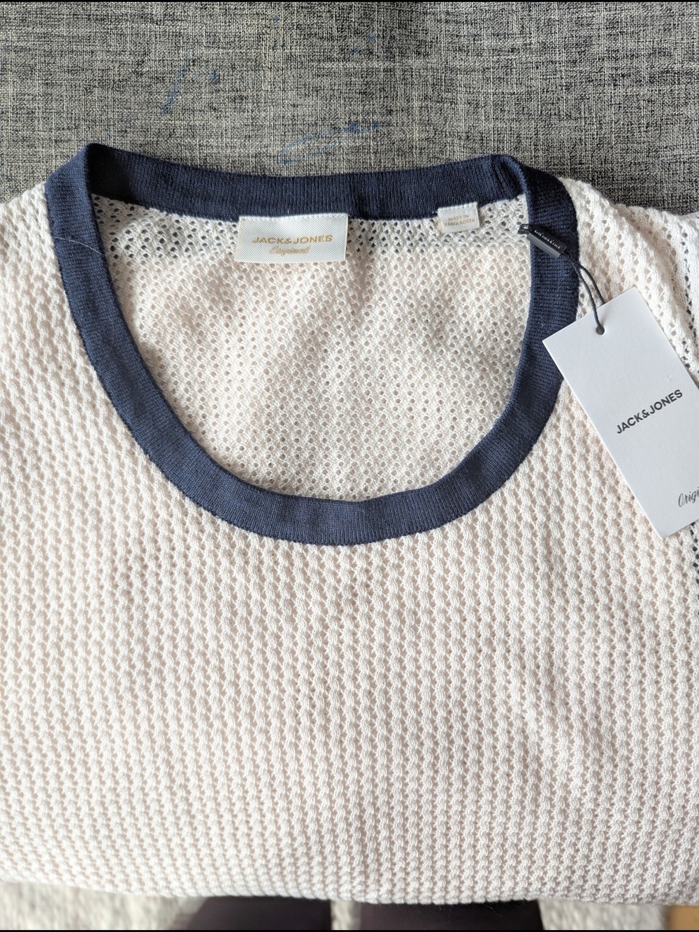 Jack & Jones Cream Knit Sweater with Navy Crew Neck Trim